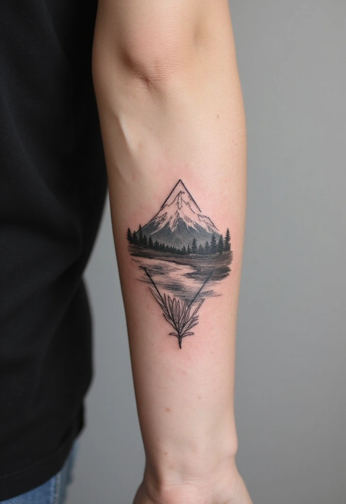 50 Mountain Tattoo Ideas with Powerful and Minimalist Designs 42 50 Mountain Tattoo Ideas with Powerful and Minimalist Designs - 42. Mountain and Leaf Tattoo