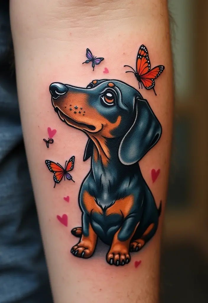 50 Small Wiener Dog Tattoos with Cute and Minimalist Designs - 42. Whimsical Dog with Butterflies