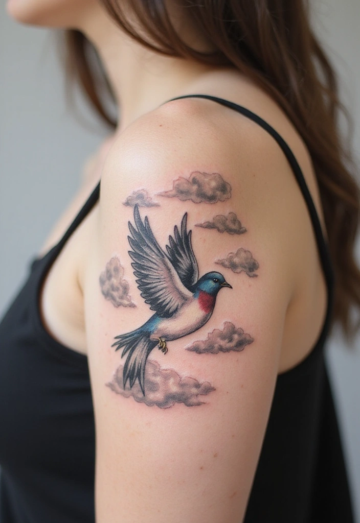 50 Sparrow Tattoos with Symbolism and Artistic Styles - 42. Sparrows with Clouds