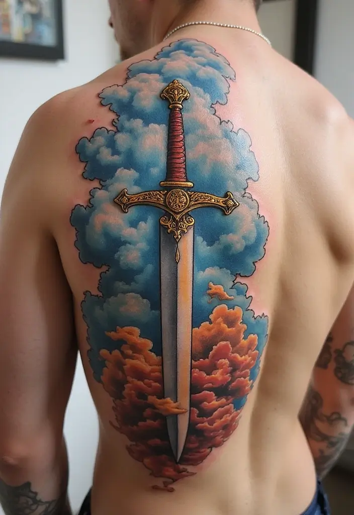50 Sword Tattoo Designs and Symbolism to Inspire Your Next Ink 42 50 Sword Tattoo Designs and Symbolism to Inspire Your Next Ink - 42. Sword with Clouds