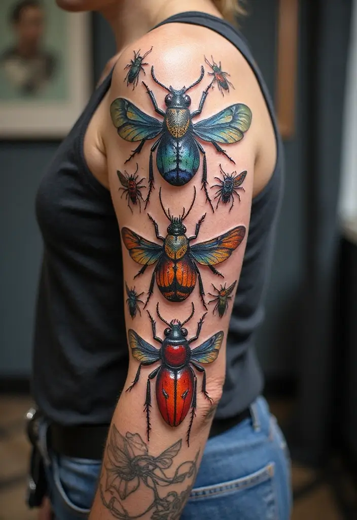 50 Bug Pin Tattoo Designs That Are Unique and Creative - 43. Insect-Inspired Sleeve Tattoos