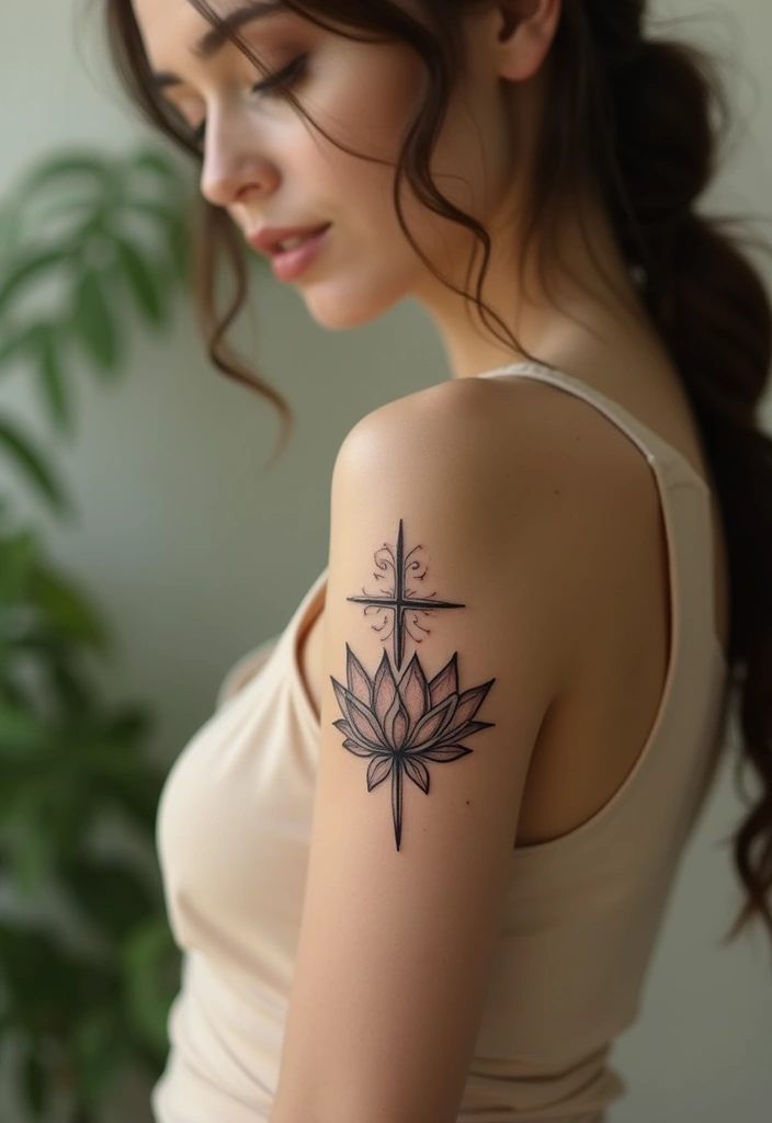50 Cross Tattoo Ideas for Men and Women with Deep Meaning - 43. Cross with a Lotus