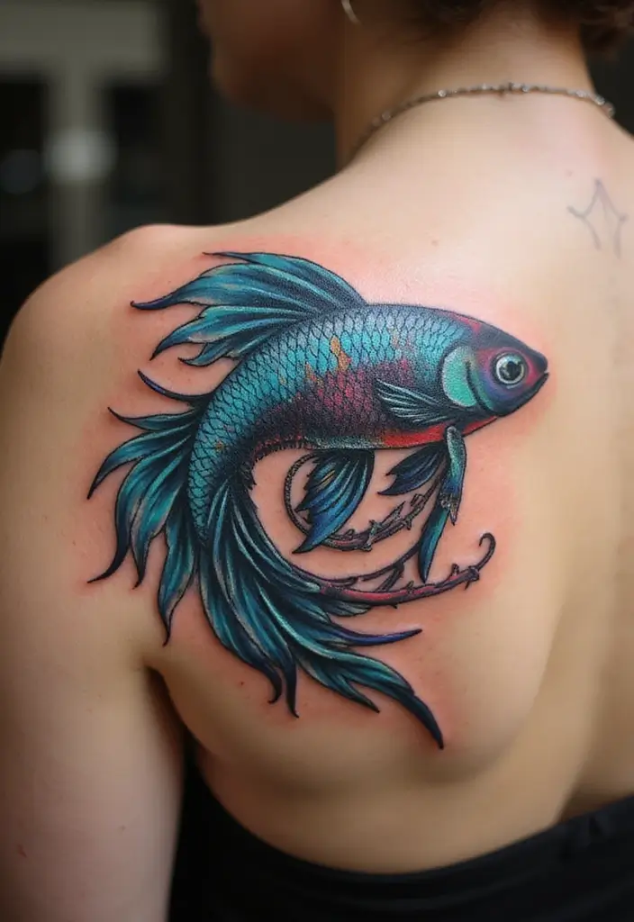 50 Betta Fish Tattoo Ideas with Unique and Colorful Designs 43 50 Betta Fish Tattoo Ideas with Unique and Colorful Designs - 43. Betta Fish with a Spiral Design