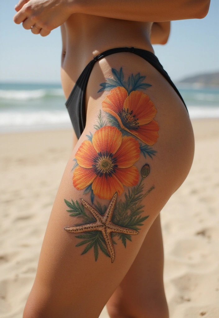 50 California Poppy Tattoo Ideas with Symbolism and Beauty - 43. California Poppy with a Starfish