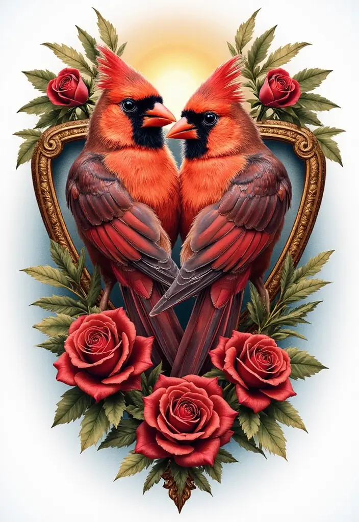 50 Cardinal Tattoo Ideas with Symbolism and Beautiful Designs - 43. Cardinal with a Shield of Roses