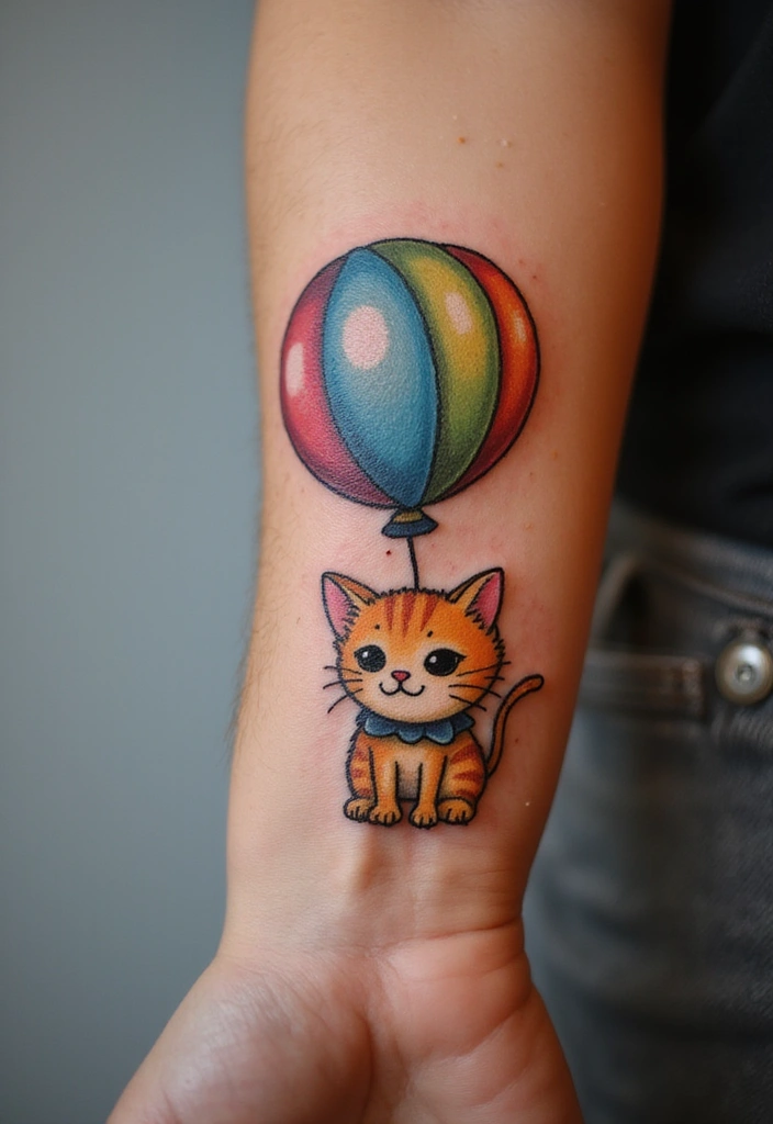 50 Creative Cat Tattoo Ideas for Every Style - 43. Cat in a Balloon