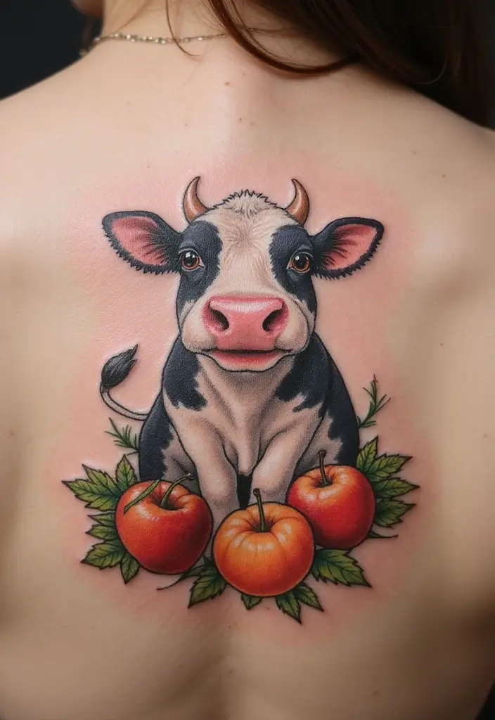50 Cow Tattoo Designs with Fun and Unique Symbolism - 43. Cow with Seasonal Fruits