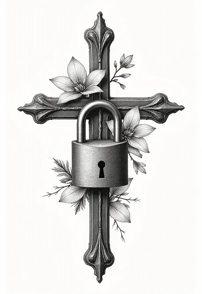 50 Cross Tattoo Meaning Inspirations and Symbolism Explained - 43. The Cross and a Lock: Security in Devotion