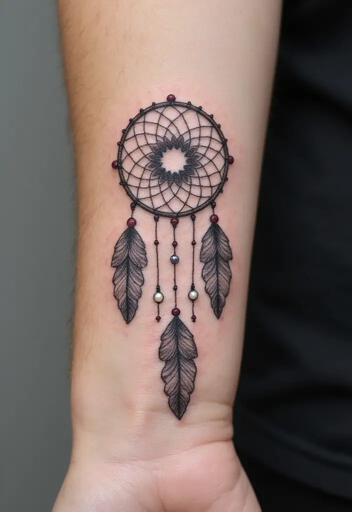50 Dreamcatcher Tattoo Ideas with Cultural Symbolism 43 50 Dreamcatcher Tattoo Ideas with Cultural Symbolism - 43. Dreamcatcher with Pearls