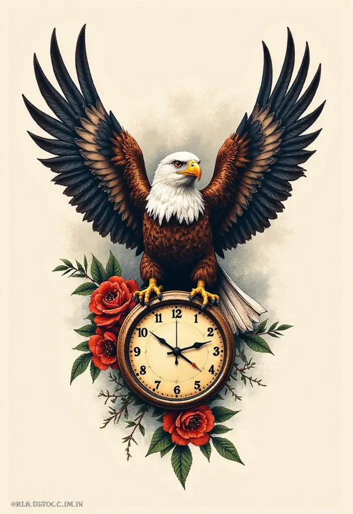 50 Eagle Tattoo Meaning Ideas and Symbolic Designs 43 50 Eagle Tattoo Meaning Ideas and Symbolic Designs - 43. Eagle and a Clock