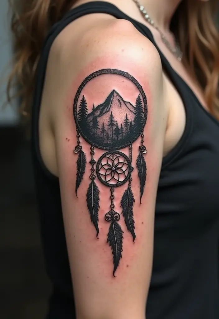 50 Mountain Tattoo Ideas with Powerful and Minimalist Designs 43 50 Mountain Tattoo Ideas with Powerful and Minimalist Designs - 43. Mountain with a Dreamcatcher