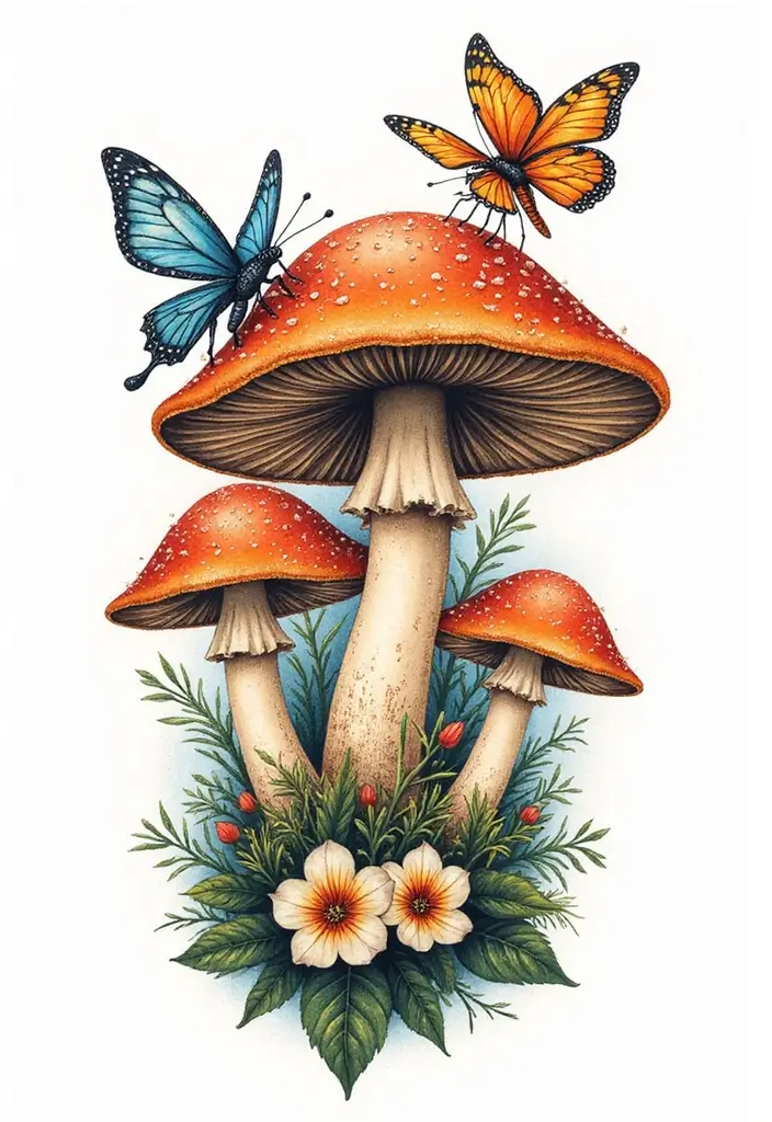 50 Unique Mushroom Tattoo Ideas That'll Leave You Inspired and Curious About Their Symbolism! 43 50 Unique Mushroom Tattoo Ideas That'll Leave You Inspired and Curious About Their Symbolism! - 43. Mushrooms and Butterflies