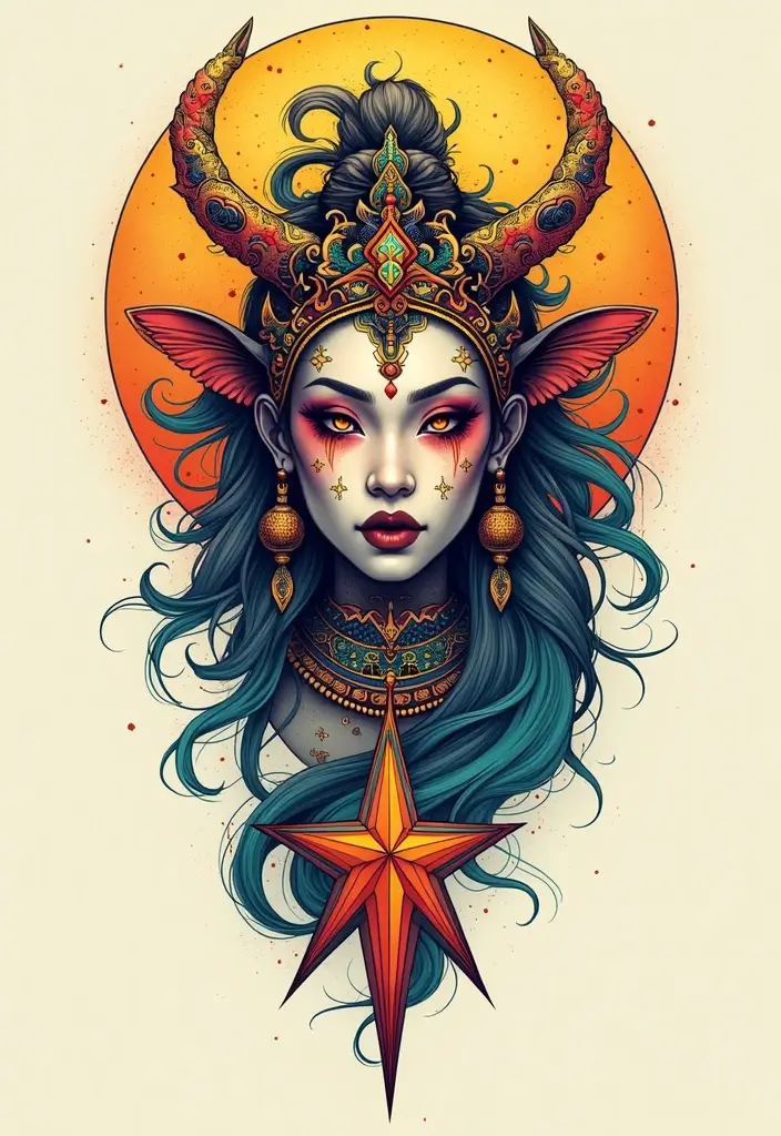 50 Oni Tattoo Designs with Powerful Japanese Symbolism 43 50 Oni Tattoo Designs with Powerful Japanese Symbolism - 43. Oni with a Star