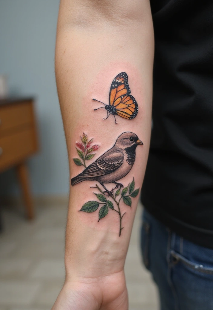50 Sparrow Tattoos with Symbolism and Artistic Styles - 43. Sparrows with Butterflies