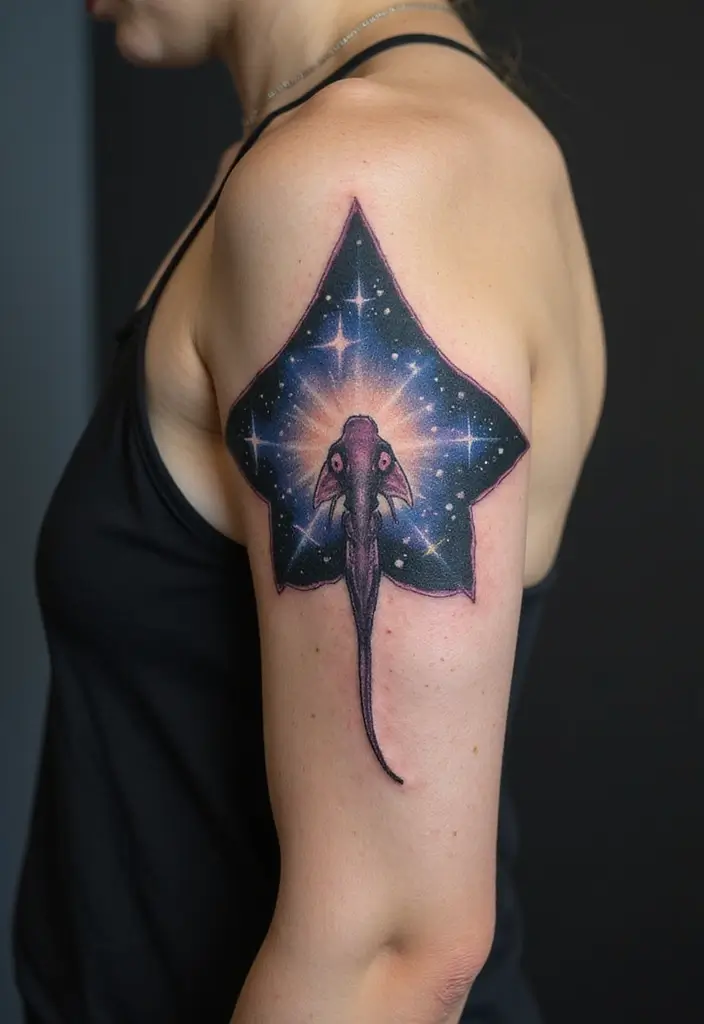 50 Stingray Tattoo Designs and Their Symbolic Meanings - 43. Stingray with a Starry Background