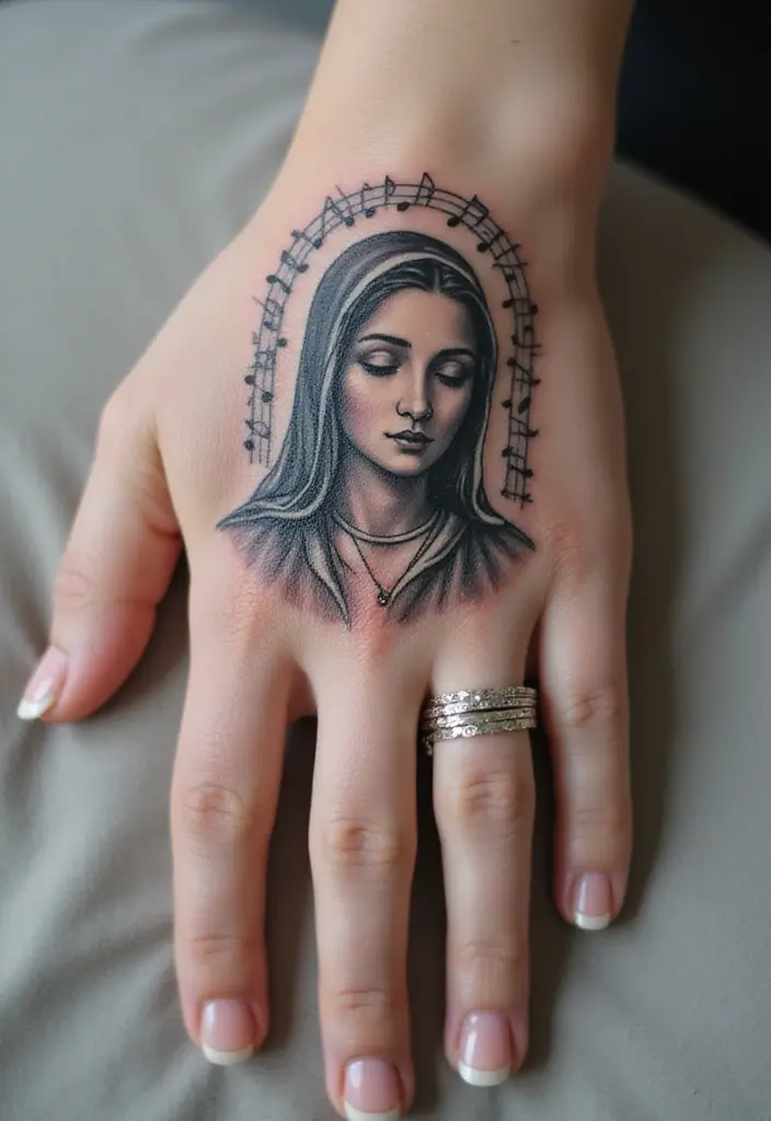 50 Virgin Mary Hand Tattoos with Spiritual and Artistic Designs - 43. Virgin Mary with Musical Notes