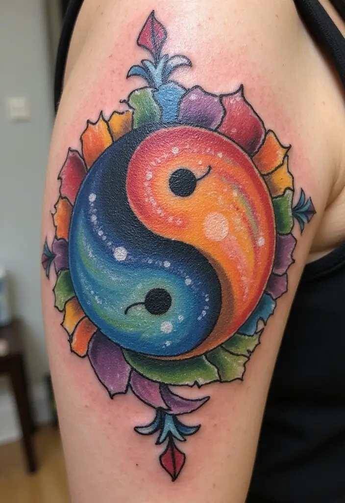 50 Yin Yang Tattoo Ideas with Balance and Harmony Symbolism - 43. Yin Yang with Rainbows