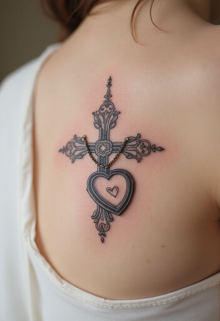 50 Cross Tattoo Ideas for Men and Women with Deep Meaning - 44. Cross with a Locket