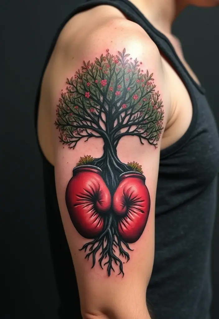 50 Boxing Gloves Tattoo Designs That Embody Strength and Courage! 44 50 Boxing Gloves Tattoo Designs That Embody Strength and Courage! - 44. Boxing Gloves and the Tree of Life