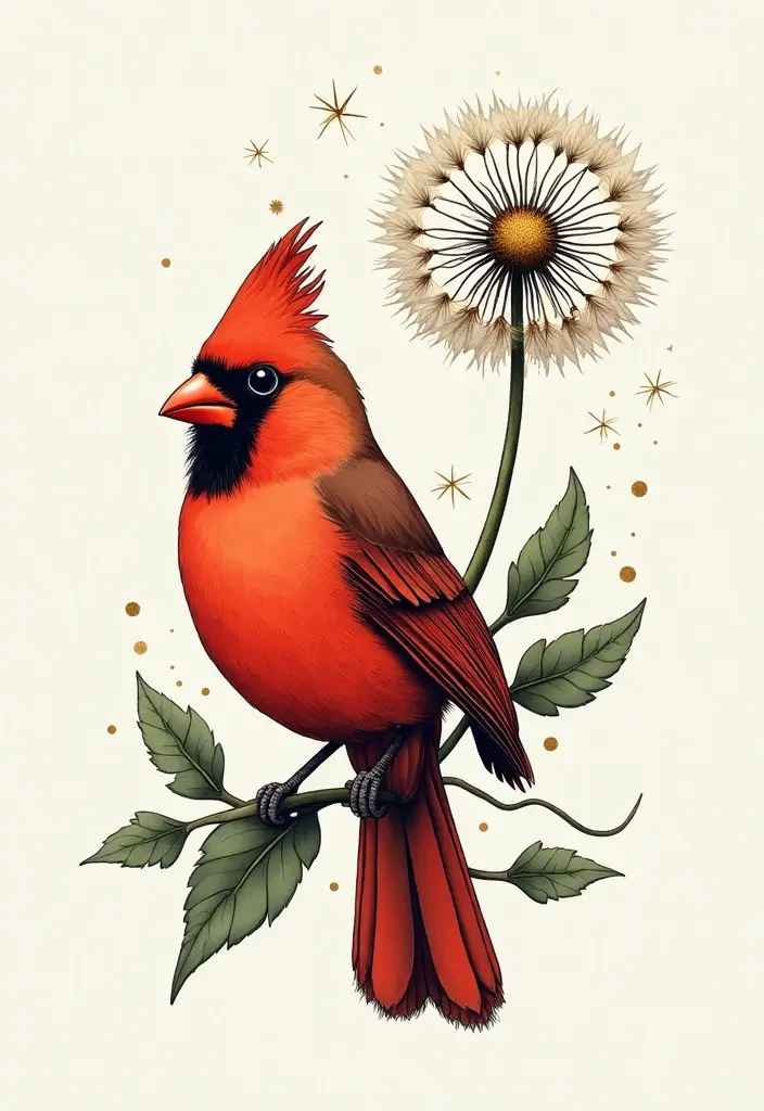 50 Cardinal Tattoo Ideas with Symbolism and Beautiful Designs - 44. Cardinal with a Dandelion
