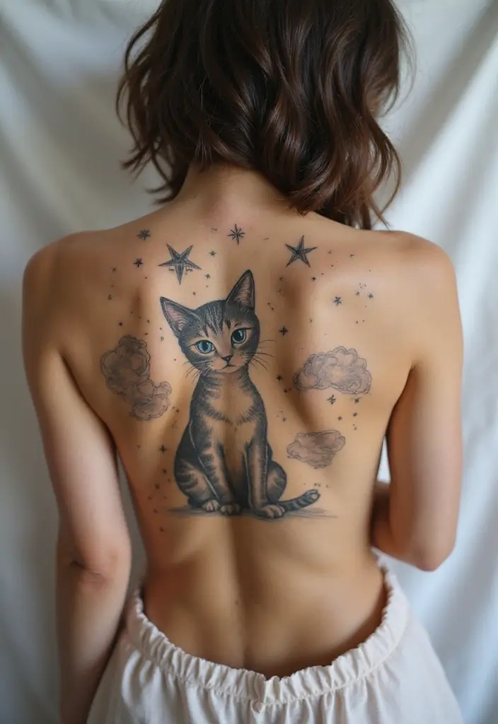 50 Creative Cat Tattoo Ideas for Every Style - 44. Cat and Stars