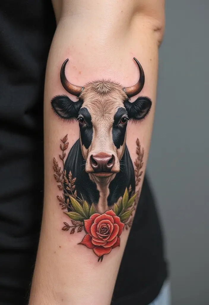 50 Cow Tattoo Designs with Fun and Unique Symbolism - 44. Cow with Inspirational Travel Quotes