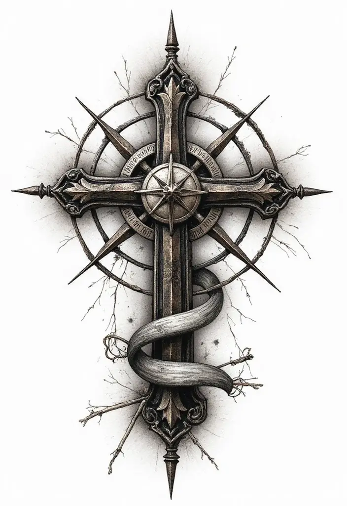 50 Cross Tattoo Meaning Inspirations and Symbolism Explained - 44. The Cross and a Compass: Guidance on Life's Journey