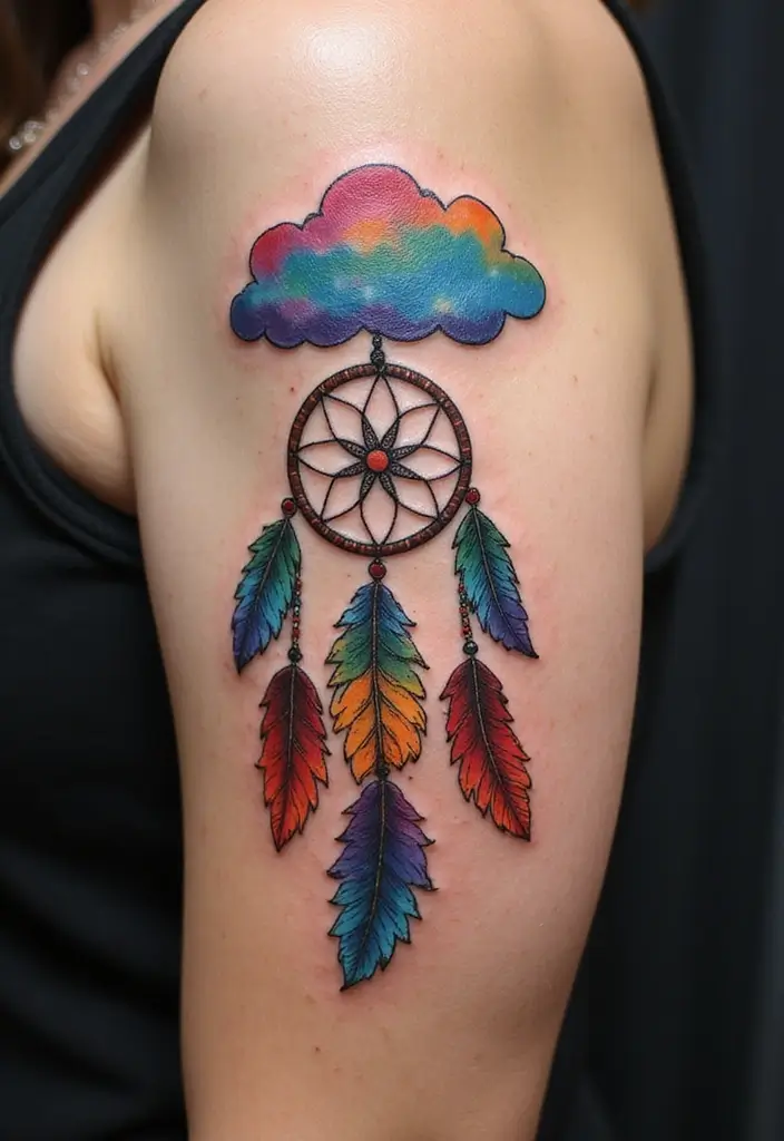 50 Dreamcatcher Tattoo Ideas with Cultural Symbolism 44 50 Dreamcatcher Tattoo Ideas with Cultural Symbolism - 44. Dreamcatcher with a Rainbow Cloud