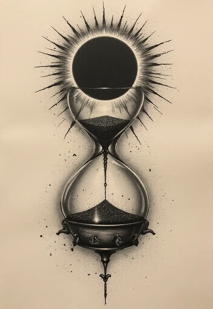 50 Eclipse Tattoo Designs with Powerful Meaning and Symbolism - 44. Eclipse with an Hourglass