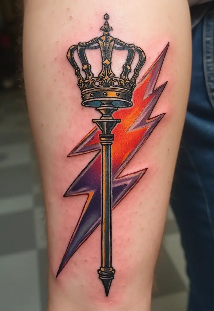 50 Lightning Bolt Tattoos with Bold and Striking Designs 44 50 Lightning Bolt Tattoos with Bold and Striking Designs - 44. Lightning Bolt with a Scepter