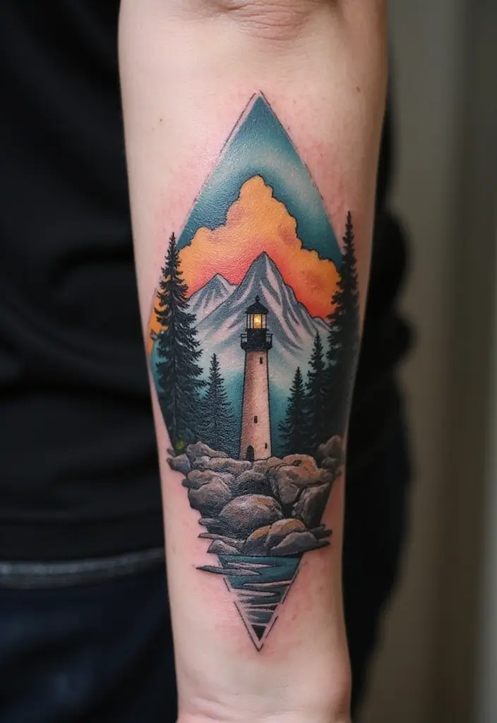 50 Mountain Tattoo Ideas with Powerful and Minimalist Designs 44 50 Mountain Tattoo Ideas with Powerful and Minimalist Designs - 44. Mountain Landscape with a Lighthouse