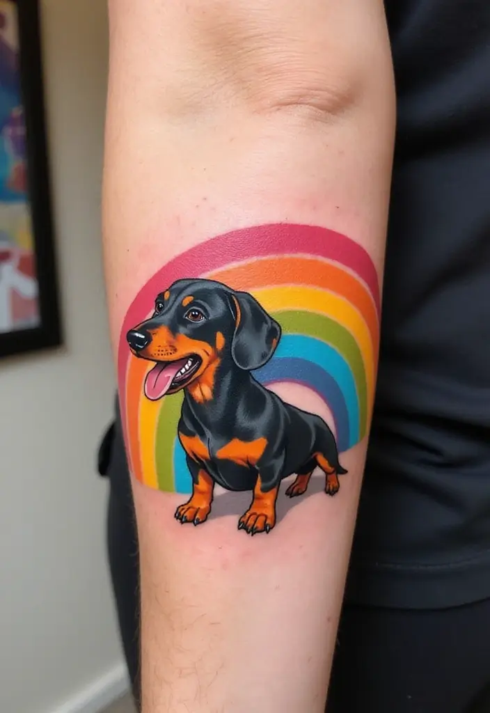 50 Small Wiener Dog Tattoos with Cute and Minimalist Designs - 44. Dog and Rainbow