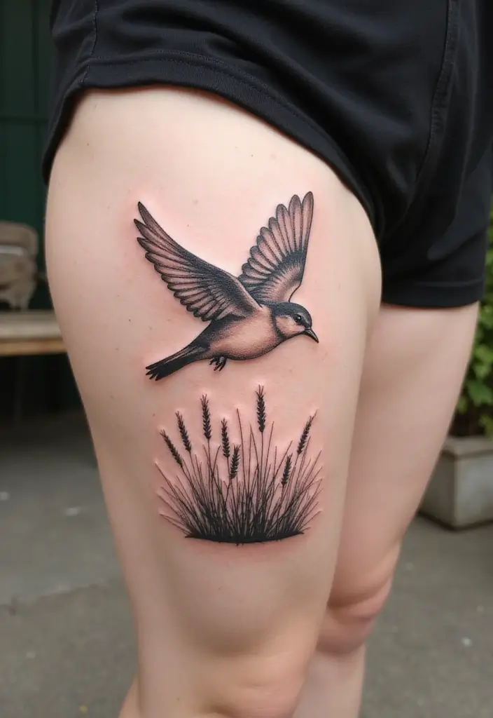 50 Sparrow Tattoos with Symbolism and Artistic Styles - 44. Sparrows with Grasses