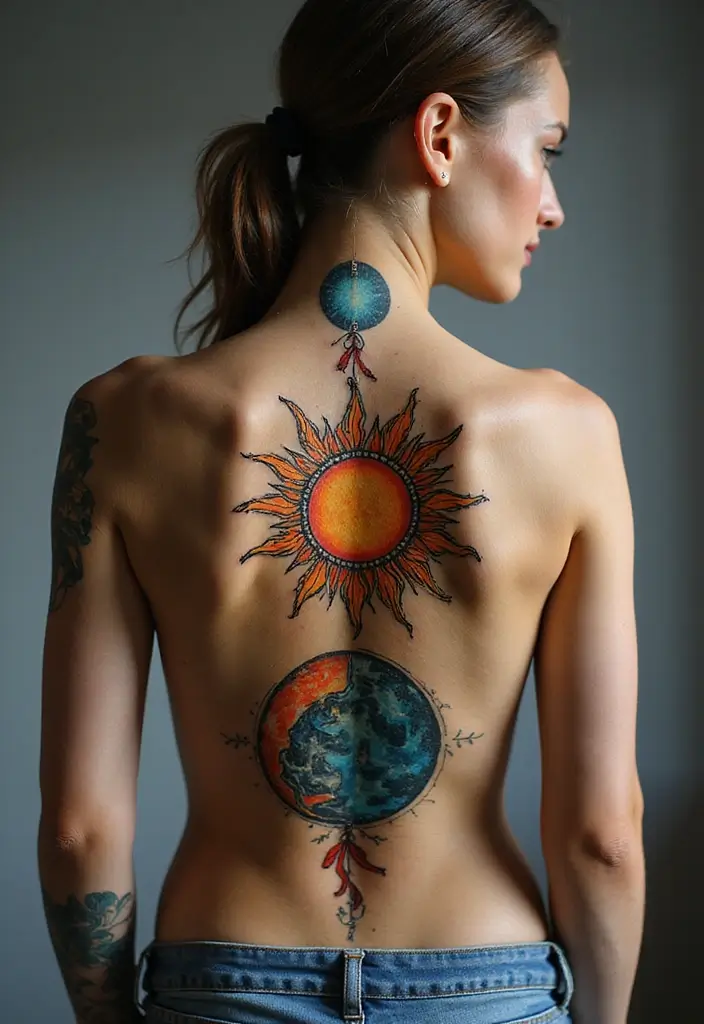 99 Stunning Spine Tattoos for Women to Inspire Your Next Ink - 44. Sun and Moon