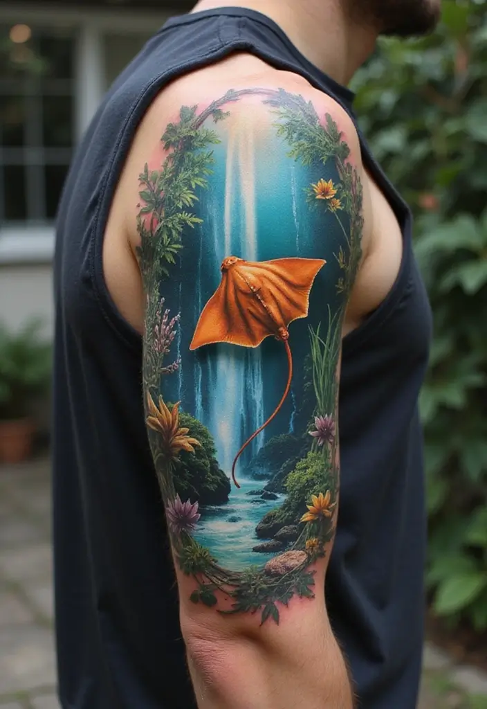 50 Stingray Tattoo Designs and Their Symbolic Meanings - 44. Stingray with a Waterfall Background