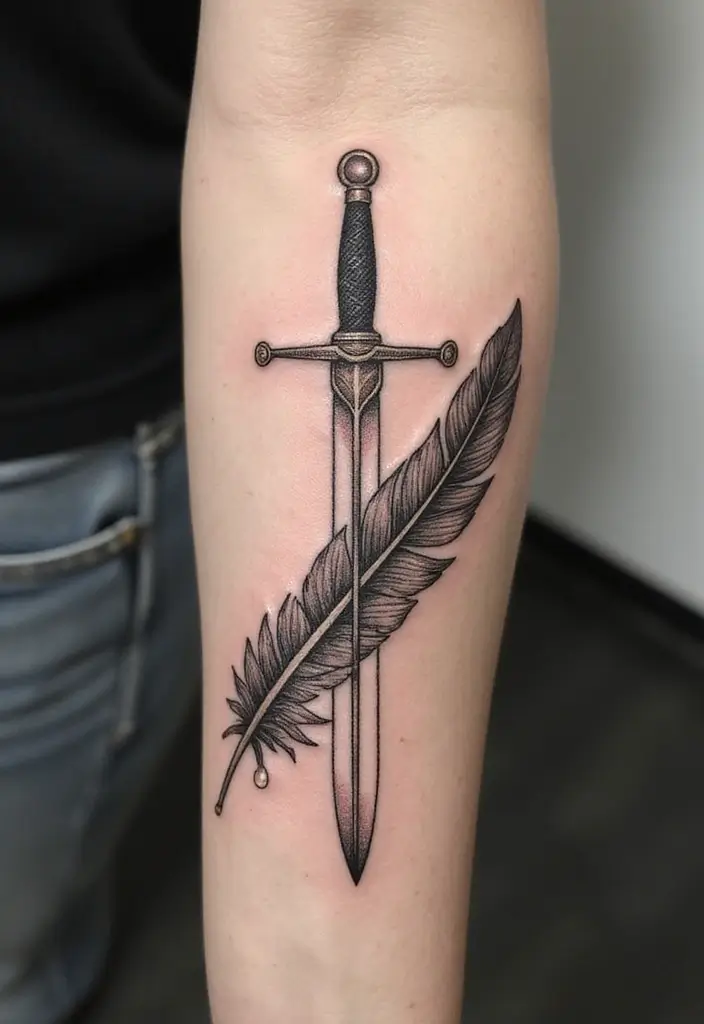 50 Sword Tattoo Designs and Symbolism to Inspire Your Next Ink 44 50 Sword Tattoo Designs and Symbolism to Inspire Your Next Ink - 44. Sword with a Feather Quill