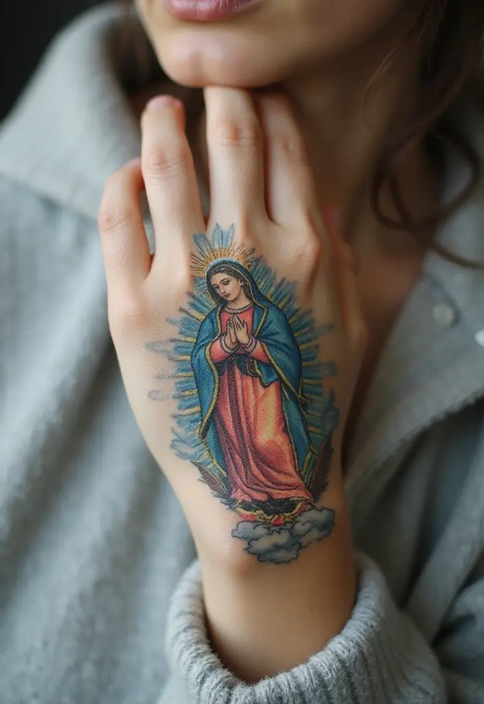 50 Virgin Mary Hand Tattoos with Spiritual and Artistic Designs - 44. Virgin Mary Surrounded by Clouds