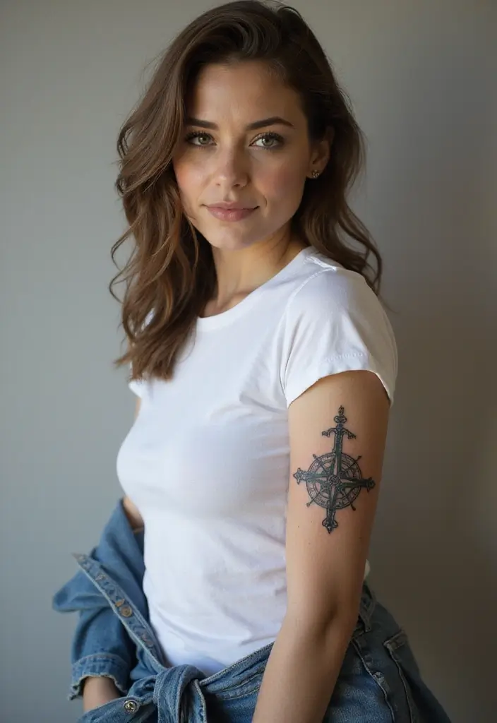 50 Cross Tattoo Ideas for Men and Women with Deep Meaning - 45. Cross with a Compass Rose