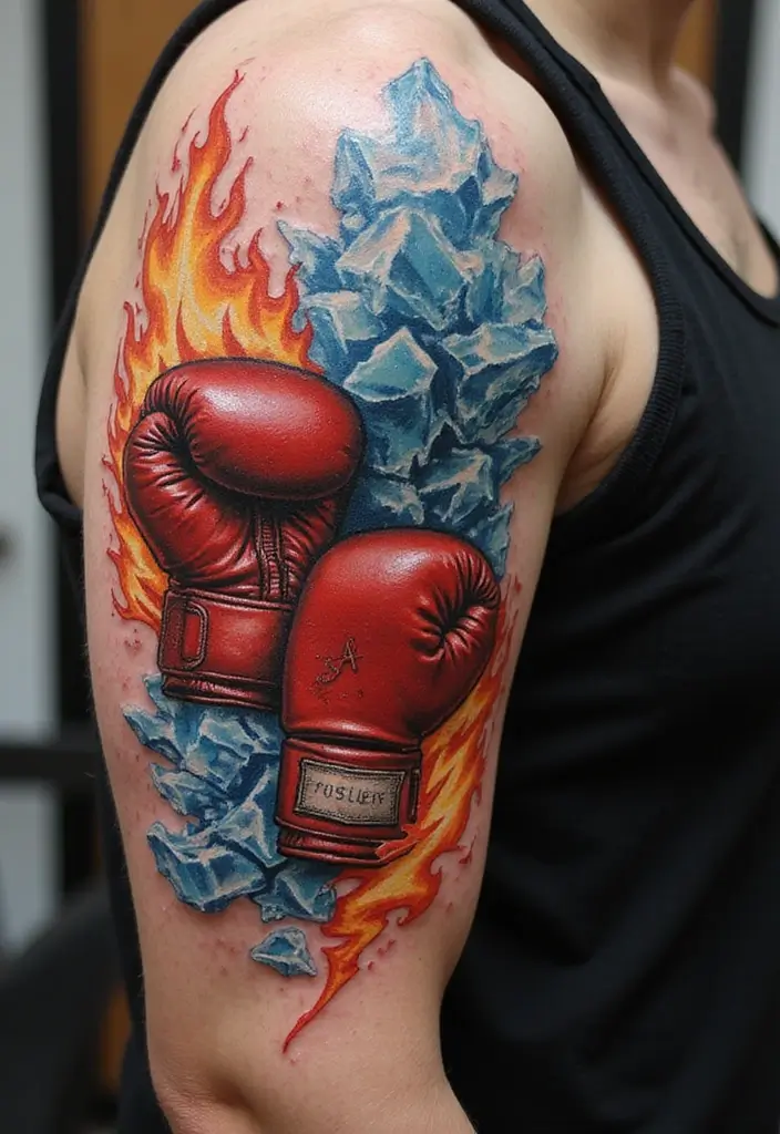 50 Boxing Gloves Tattoo Designs That Embody Strength and Courage! 45 50 Boxing Gloves Tattoo Designs That Embody Strength and Courage! - 45. Boxing Gloves with Fire and Ice