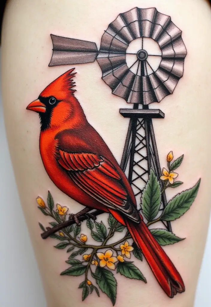 50 Cardinal Tattoo Ideas with Symbolism and Beautiful Designs - 45. Cardinal with a Windmill
