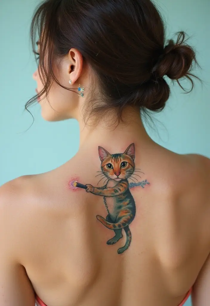 50 Creative Cat Tattoo Ideas for Every Style - 45. Cat with a Magic Wand
