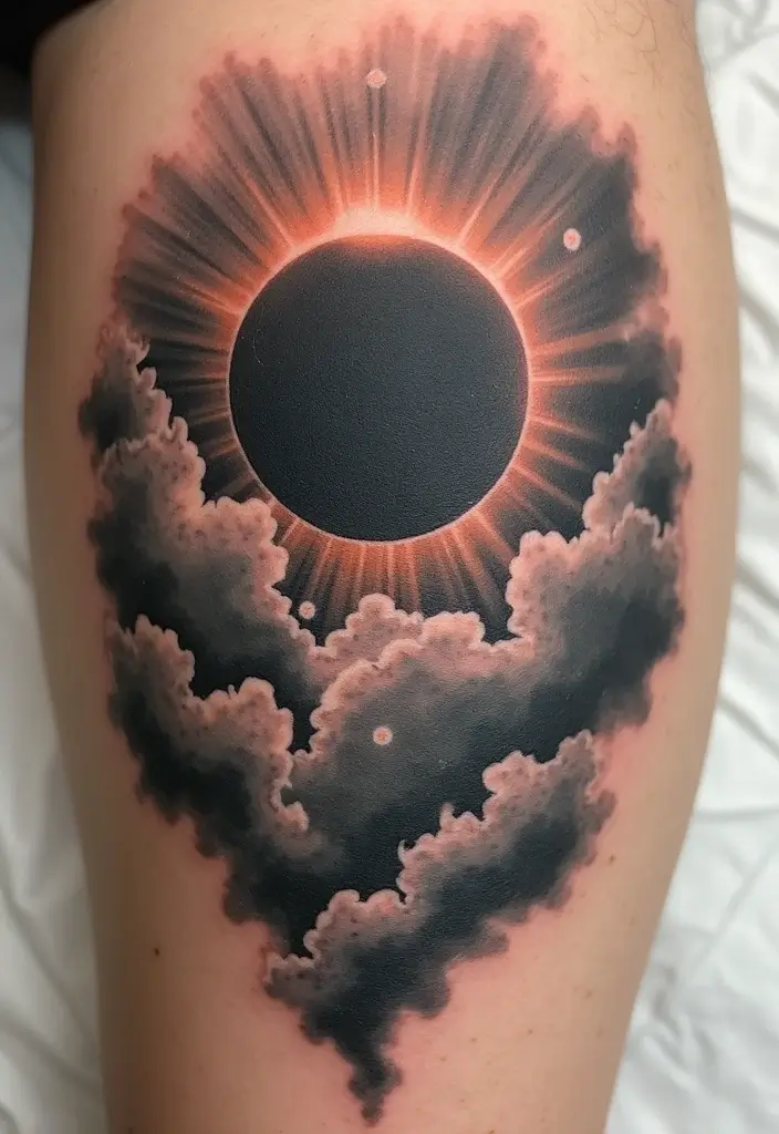 50 Eclipse Tattoo Designs with Powerful Meaning and Symbolism - 45. Eclipse with Clouds