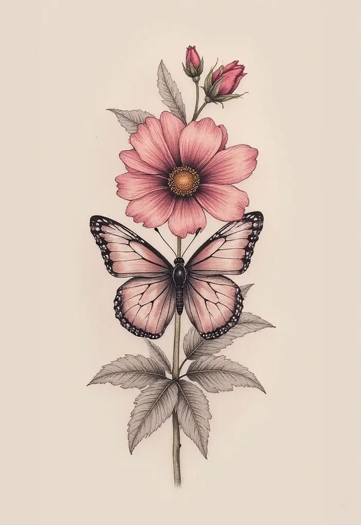50 Half Butterfly Half Flower Tattoo Designs and Inspirations - 45. The Feminine Touch