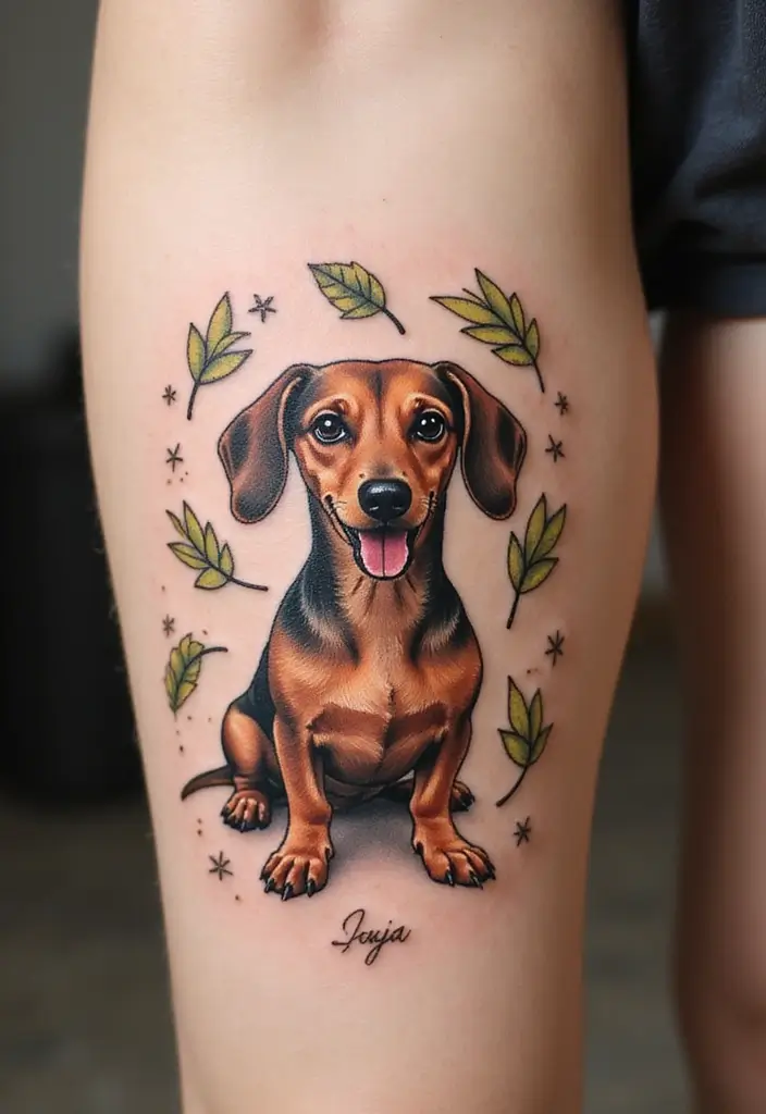 50 Small Wiener Dog Tattoos with Cute and Minimalist Designs - 45. Playful Dog with Leaves