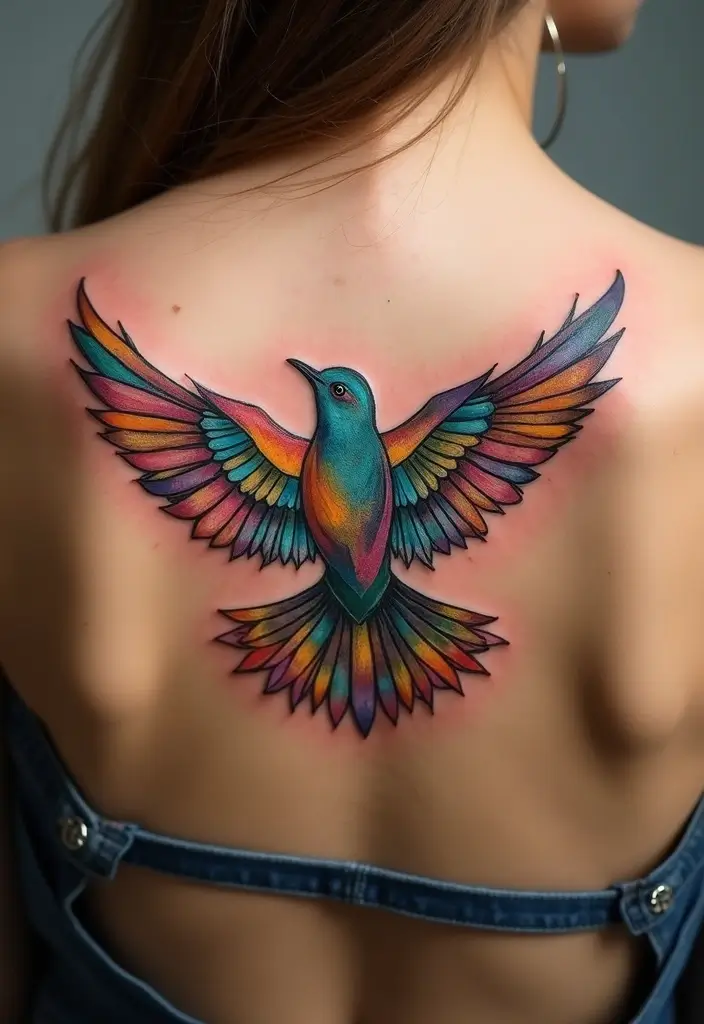 50 Sparrow Tattoos with Symbolism and Artistic Styles - 45. Colorful Sparrow Patchwork