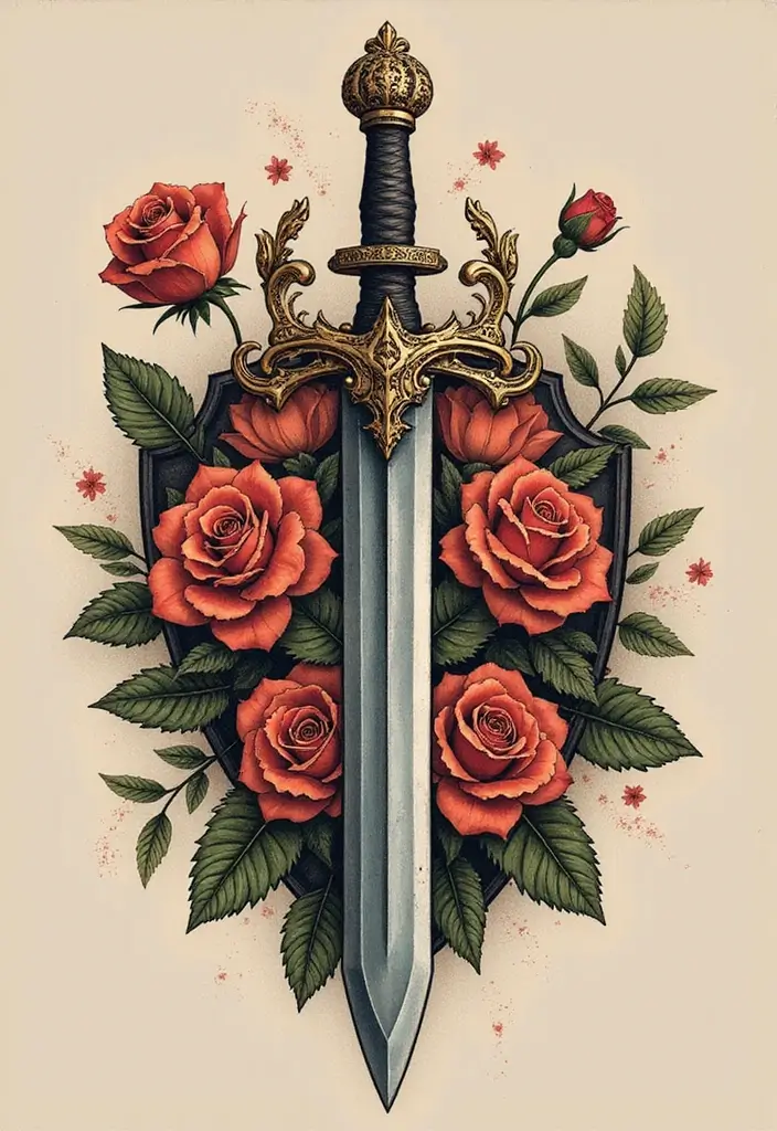50 Sword Tattoo Designs and Symbolism to Inspire Your Next Ink 45 50 Sword Tattoo Designs and Symbolism to Inspire Your Next Ink - 45. Sword and Shield with Floral Elements