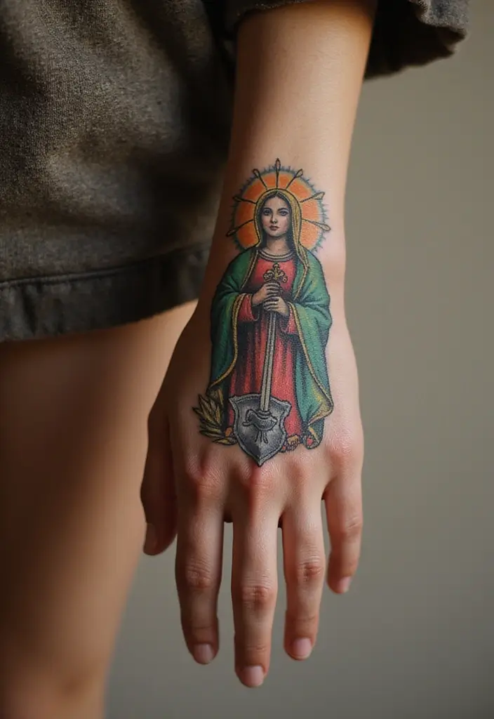 50 Virgin Mary Hand Tattoos with Spiritual and Artistic Designs - 45. Virgin Mary with a Shield and Sword