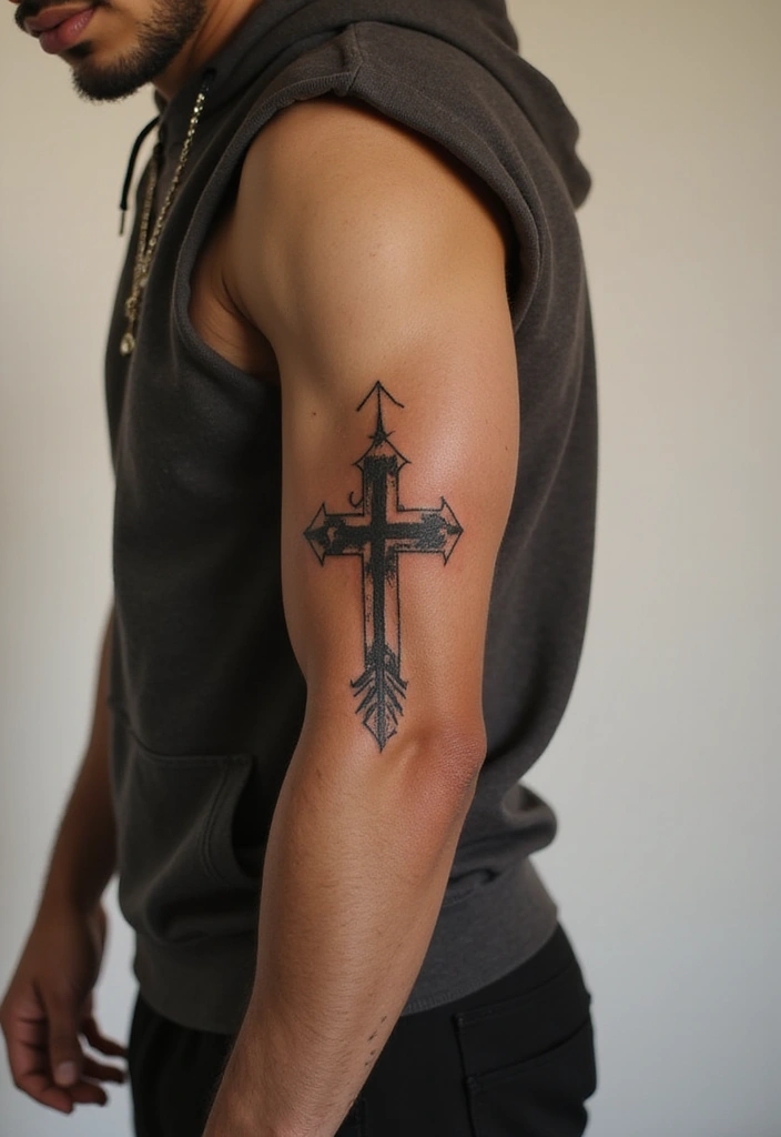 50 Cross Tattoo Ideas for Men and Women with Deep Meaning - 46. Cross with an Arrow