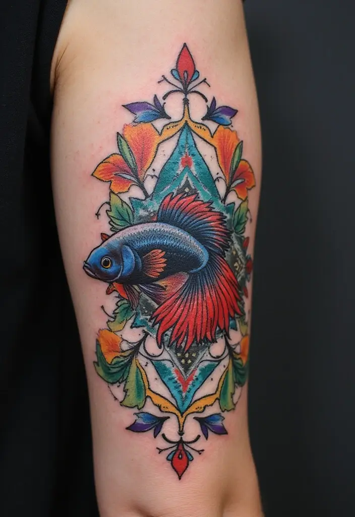 50 Betta Fish Tattoo Ideas with Unique and Colorful Designs 46 50 Betta Fish Tattoo Ideas with Unique and Colorful Designs - 46. Betta Fish with a Kaleidoscope Design