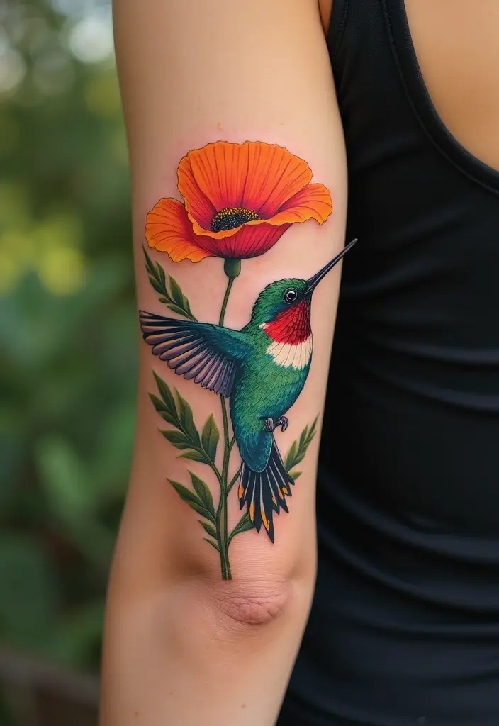 50 California Poppy Tattoo Ideas with Symbolism and Beauty - 46. California Poppy with a Hummingbird